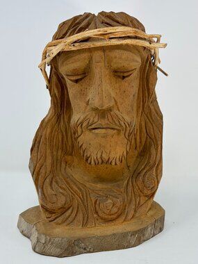 Hand Carved Wood Log Jesus Christ Head Face Bust Religious Christian Folk Art